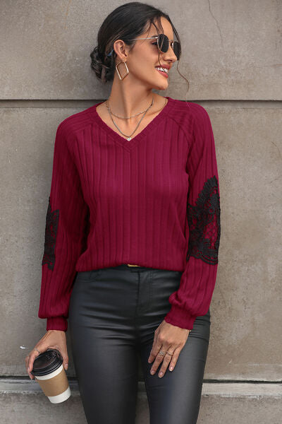Ribbed Lace Detail V-Neck Sweater - Crazy Like a Daisy Boutique