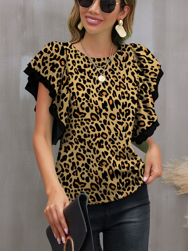 Leopard Round Neck Flounce Sleeve Blouse - Crazy Like a Daisy Boutique #