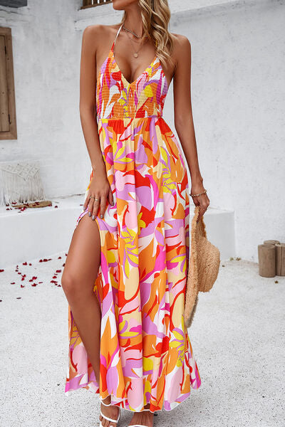 Smocked Slit Tied Printed Dress - Crazy Like a Daisy Boutique
