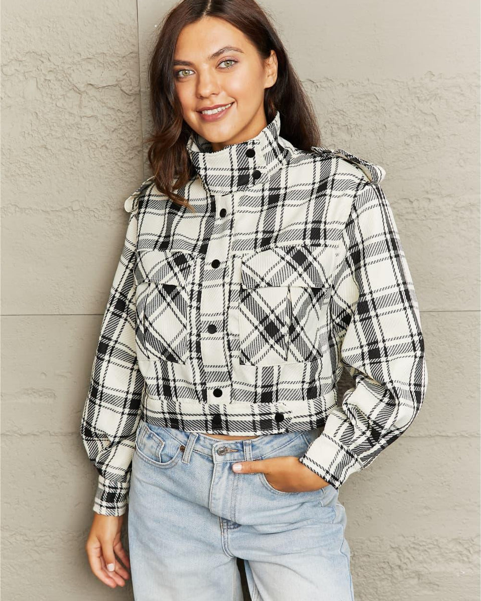 Plaid Collared Neck Long Sleeve Jacket - Crazy Like a Daisy Boutique