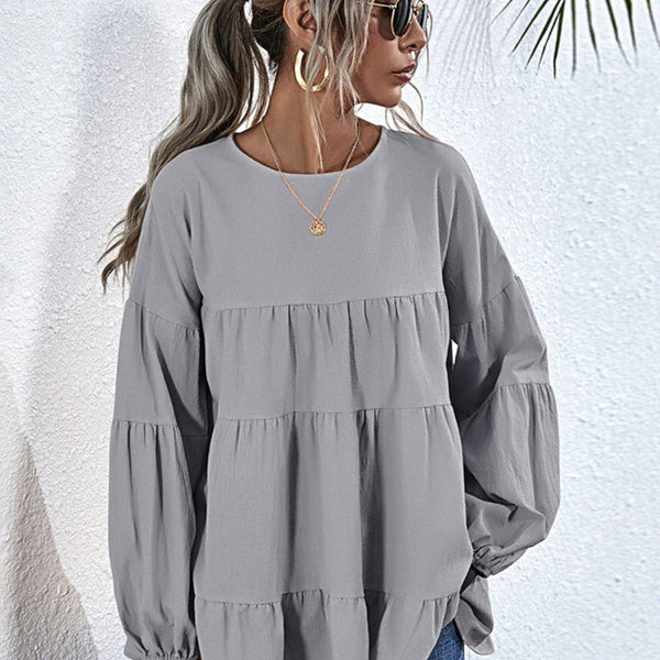 Round Neck Dropped Shoulder Tiered Blouse - Crazy Like a Daisy Boutique