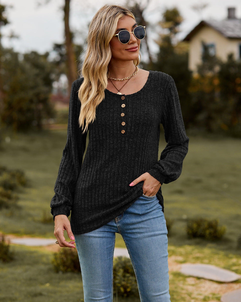 Round Neck Button-Down Long Sleeve Tee - Crazy Like a Daisy Boutique