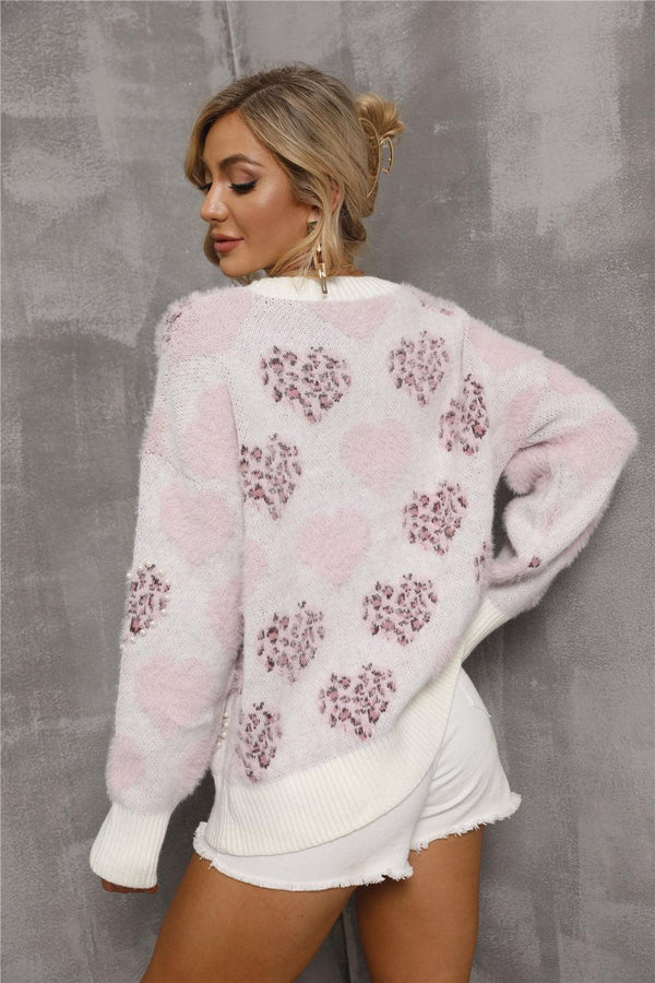 Heart Pattern Round Neck Long Sleeve Sweater - Crazy Like a Daisy Boutique #