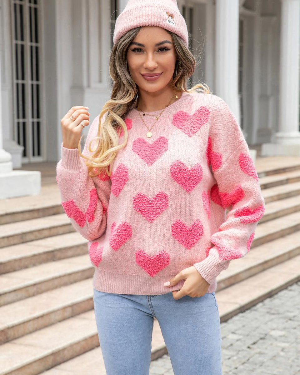 Round Neck Dropped Shoulder Sweater with Heart Pattern - Crazy Like a Daisy Boutique