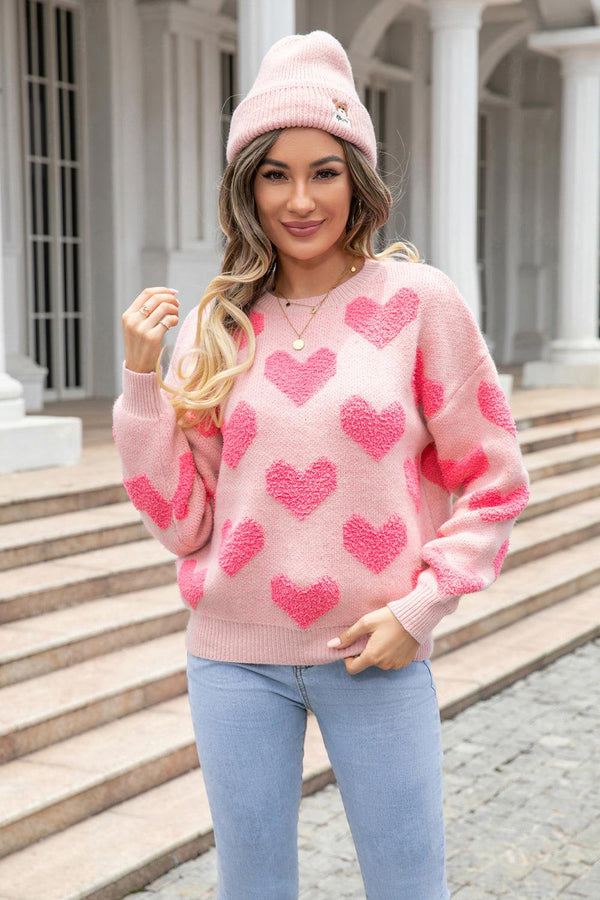 Round Neck Dropped Shoulder Sweater with Heart Pattern - Crazy Like a Daisy Boutique #