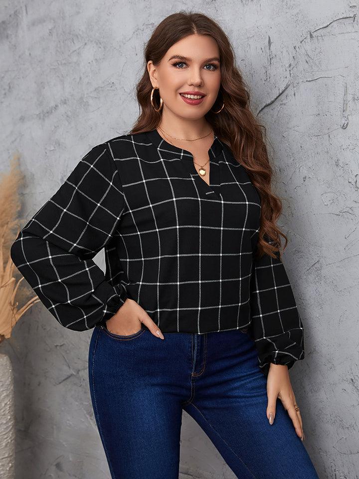 Plus Size Notched Neck Long Sleeve Blouse - Crazy Like a Daisy Boutique
