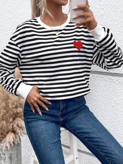 Heart Patch Striped Round Neck Long Sleeve Sweatshirt - Crazy Like a Daisy Boutique