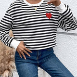 Heart Patch Striped Round Neck Long Sleeve Sweatshirt - Crazy Like a Daisy Boutique #