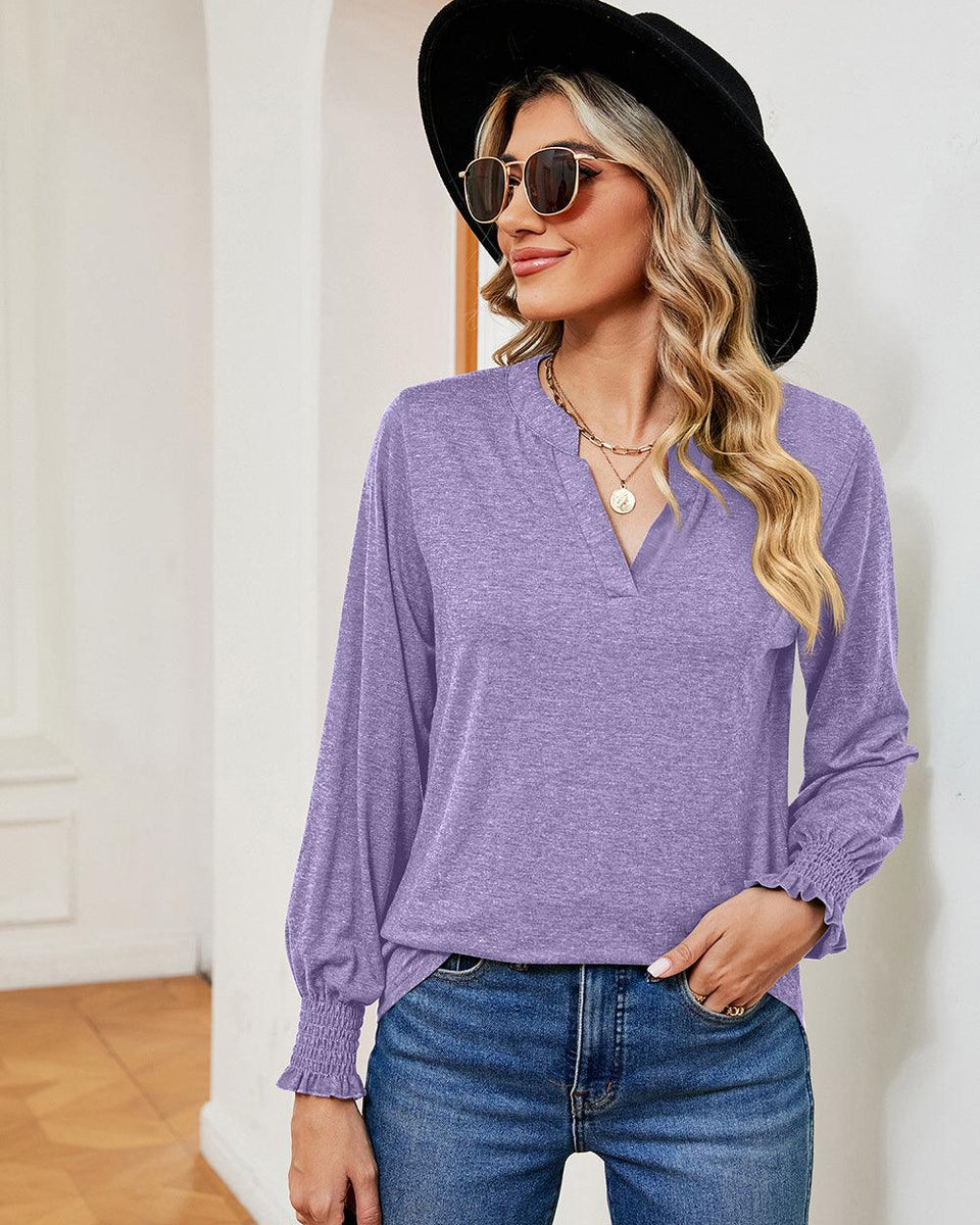Notched Neck Long Sleeve Blouse - Crazy Like a Daisy Boutique