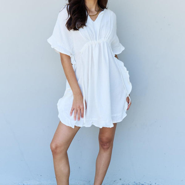 Ninexis Out Of Time Full Size Ruffle Hem Dress with Drawstring Waistband in White - Crazy Like a Daisy Boutique