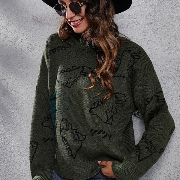 Dinosaur Pattern Round Neck Sweater - Crazy Like a Daisy Boutique #
