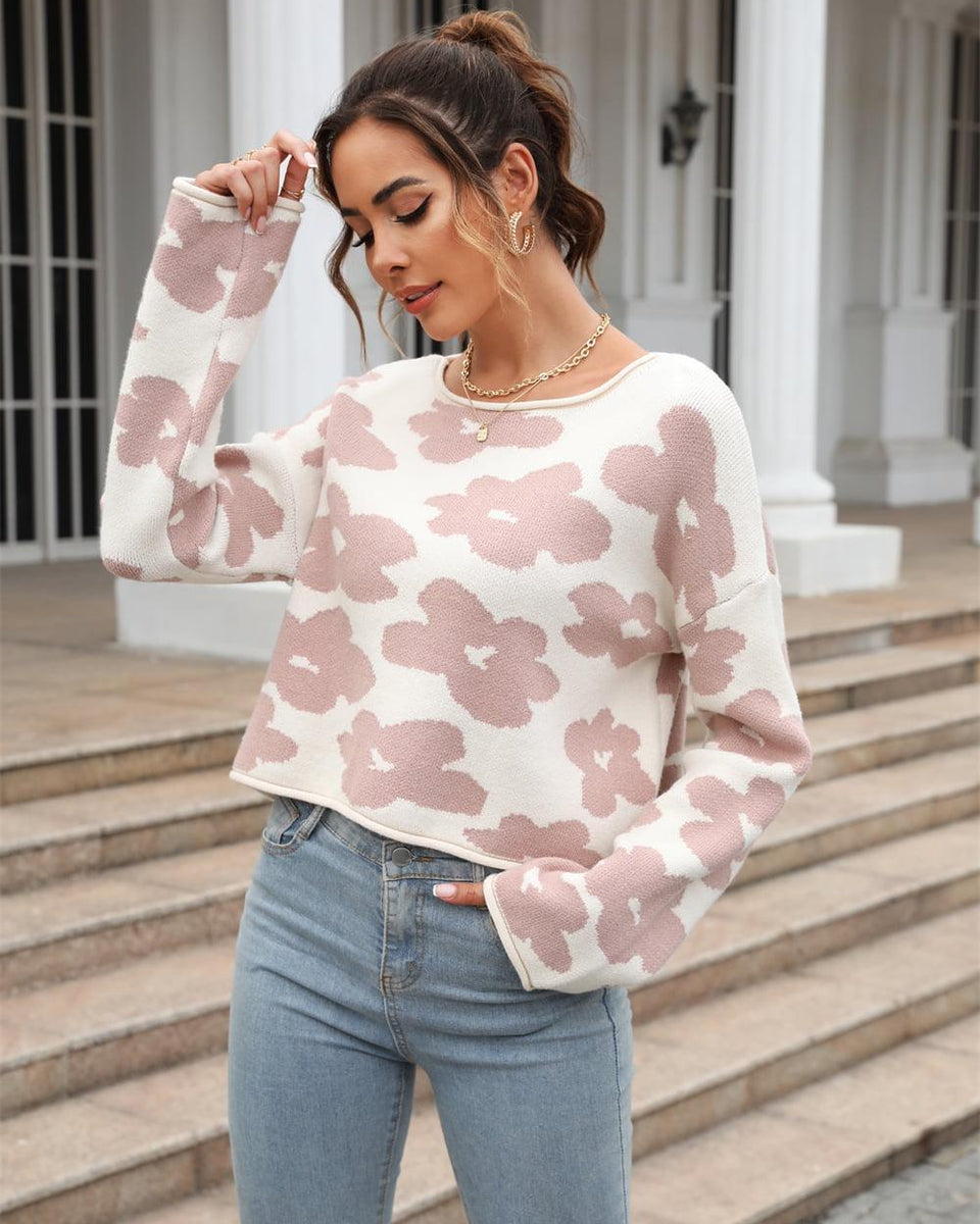 Round Neck Flower Pattern Dropped Shoulder Pullover Sweater - Crazy Like a Daisy Boutique
