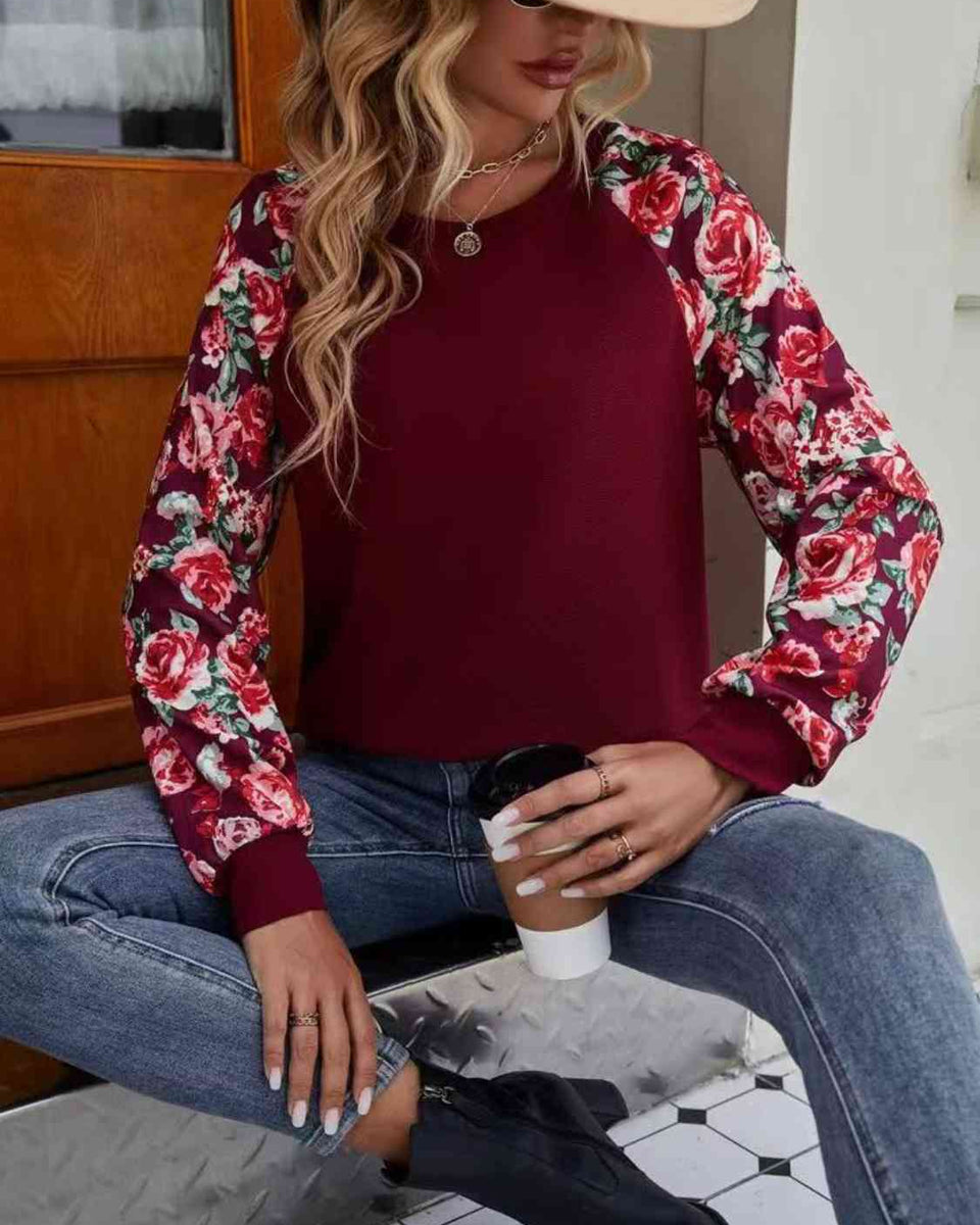 Floral Raglan Sleeve Round Neck Sweatshirt