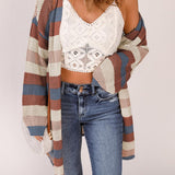 Full Size Striped Long Sleeve Openwork Cardigan - Crazy Like a Daisy Boutique