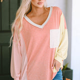 Color Block V-Neck Dropped Shoulder Top with Pocket - Crazy Like a Daisy Boutique