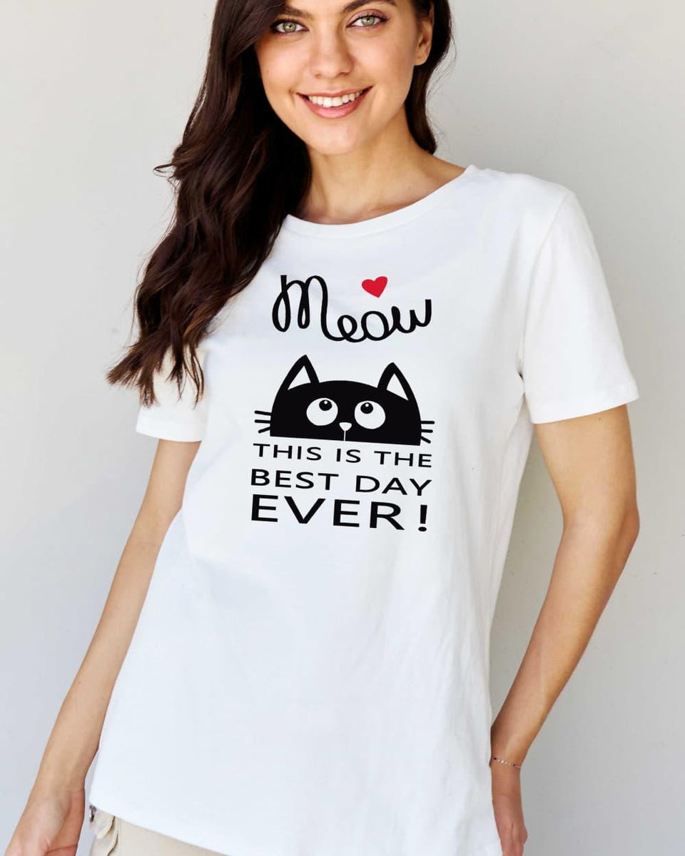 Simply Love Full Size MEOW THIS IS THE BEST DAY EVER! Graphic Cotton T-Shirt - Crazy Like a Daisy Boutique