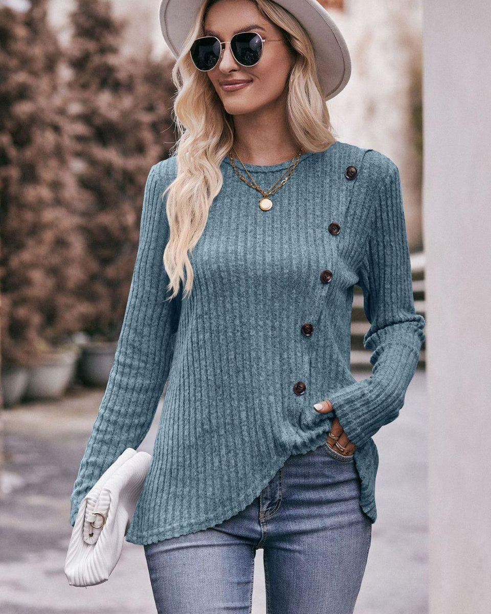 Ribbed Round Neck Buttoned Long Sleeve Tee - Crazy Like a Daisy Boutique