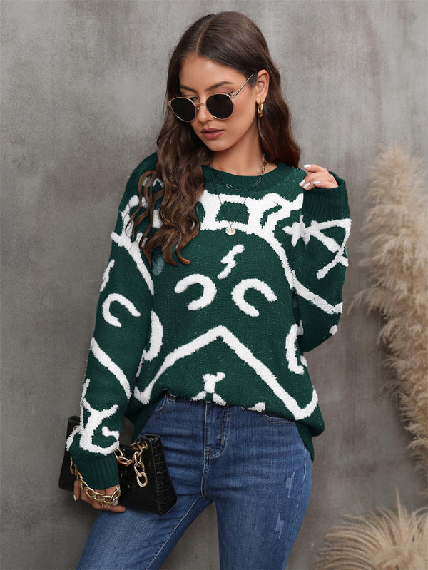Printed Round Neck Dropped Shoulder Sweater - Crazy Like a Daisy Boutique #