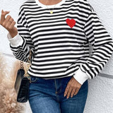 Heart Patch Striped Round Neck Long Sleeve Sweatshirt - Crazy Like a Daisy Boutique