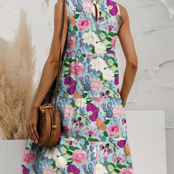 Printed Round Neck Sleeveless Tiered Dress - Crazy Like a Daisy Boutique #