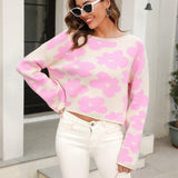 Round Neck Flower Pattern Dropped Shoulder Pullover Sweater - Crazy Like a Daisy Boutique #