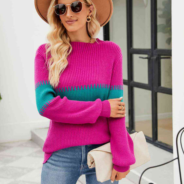 Contrast Round Neck Sweater - Crazy Like a Daisy Boutique #