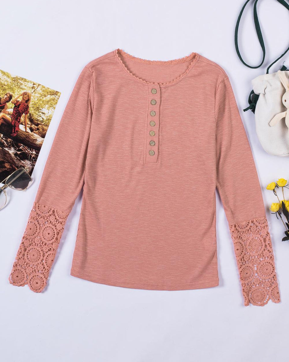 Crochet Lace Hem Sleeve Button Top - Crazy Like a Daisy Boutique