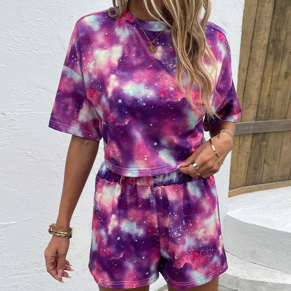 Tie Dye Round Neck Dropped Shoulder Half Sleeve Top and Shorts Set - Crazy Like a Daisy Boutique