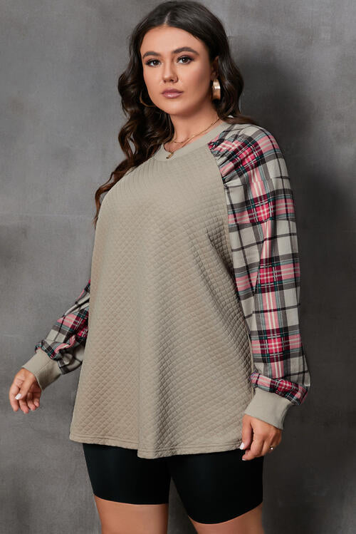 Plus Size Plaid Round Neck Long Sleeve Sweatshirt - Crazy Like a Daisy Boutique