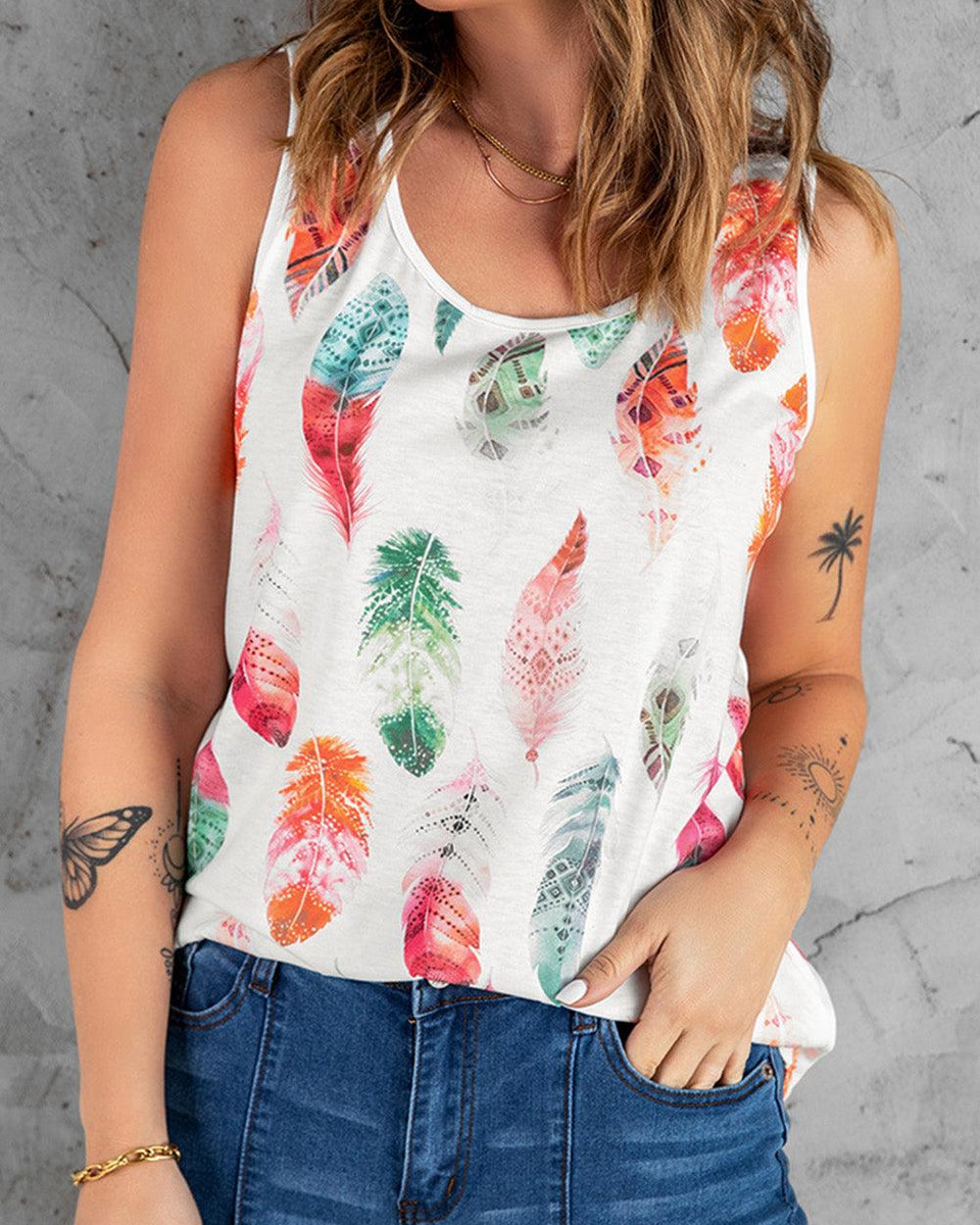 Feather Print Round Neck Tank - Crazy Like a Daisy Boutique