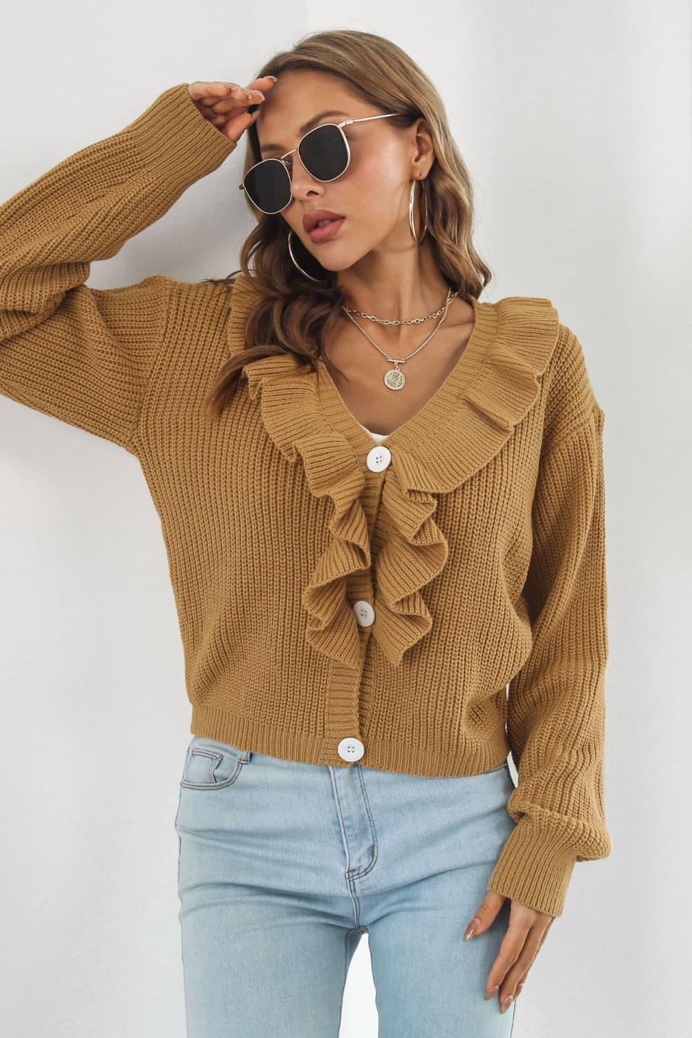 Ruffle Trim Button-Down Dropped Shoulder Sweater - Crazy Like a Daisy Boutique