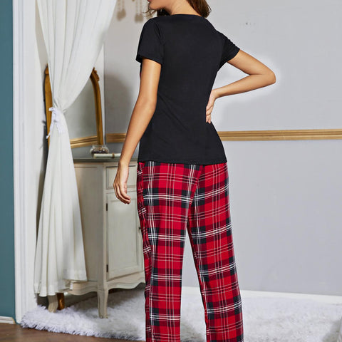Heart Graphic V-Neck Top and Plaid Pants Lounge Set - Crazy Like a Daisy Boutique