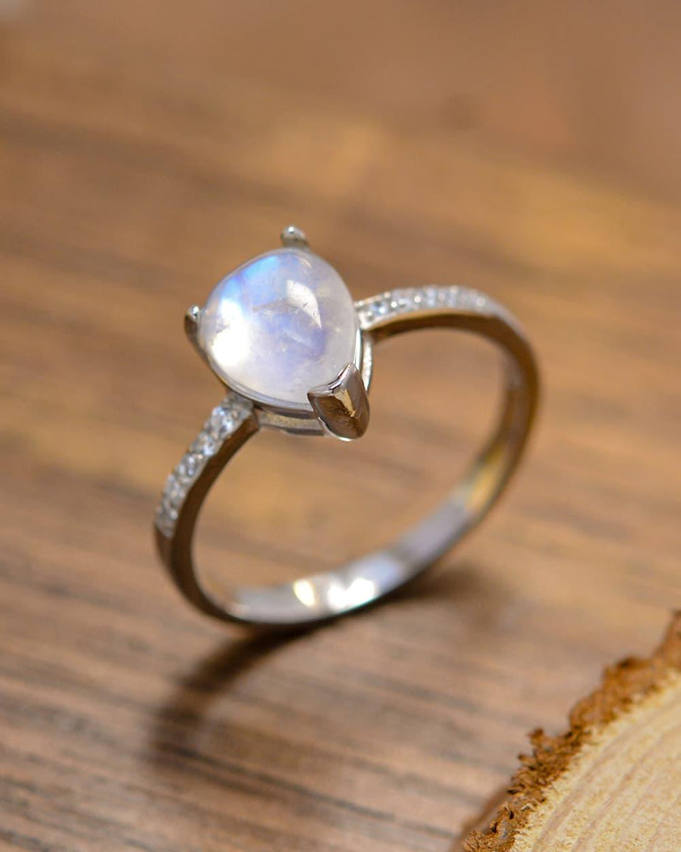 High Quality Natural Moonstone Teardrop Side Stone Ring - Crazy Like a Daisy Boutique