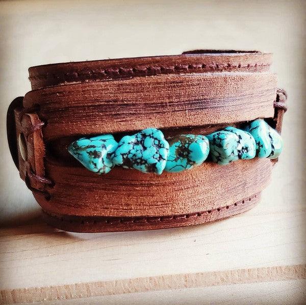 Leather Cuff With Blue Turquoise Chunks - Crazy Like a Daisy Boutique #
