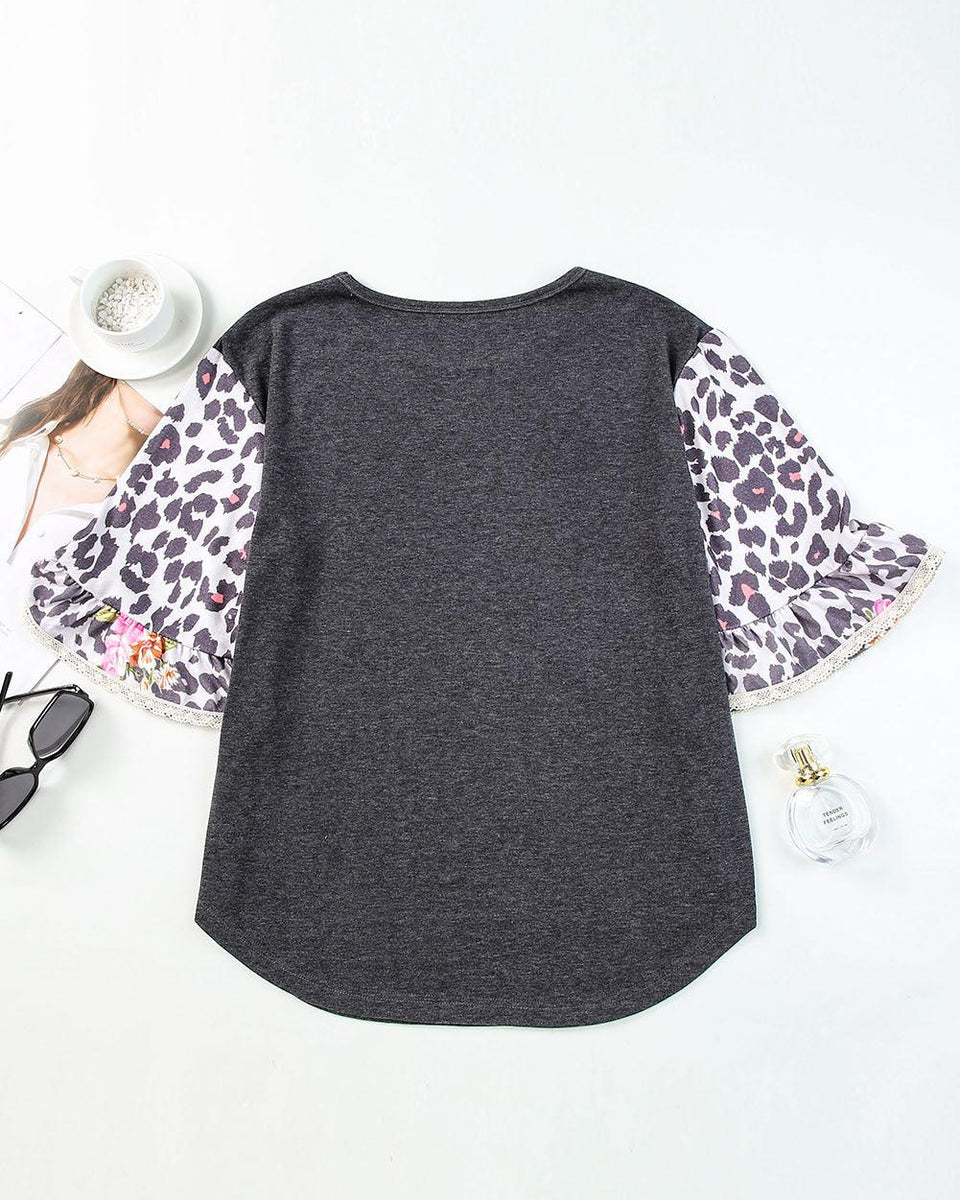 Leopard Flounce Sleeve Round Neck Top - Crazy Like a Daisy Boutique