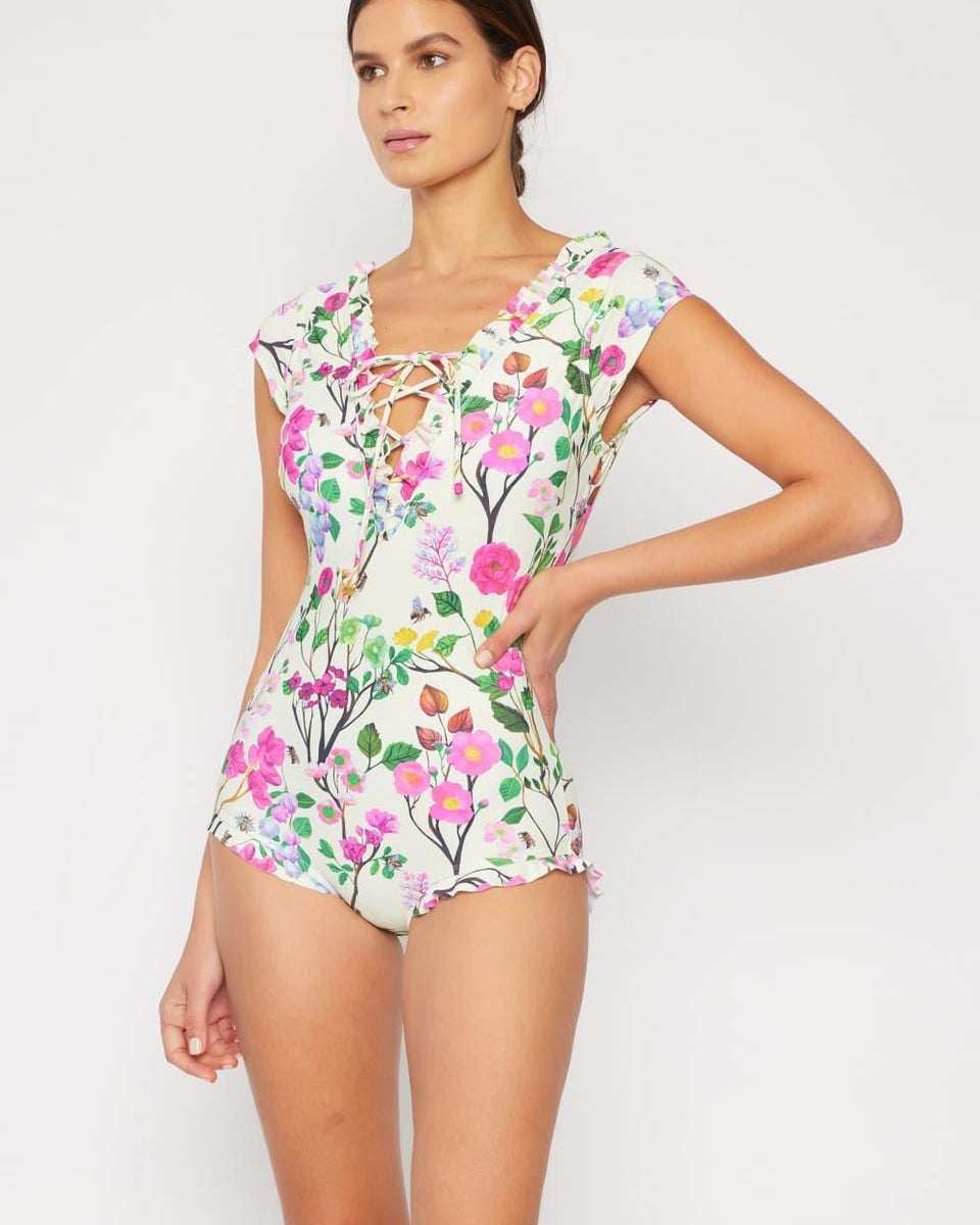 Marina West Swim Bring Me Flowers V-Neck One Piece Swimsuit Cherry Blossom Cream - Crazy Like a Daisy Boutique