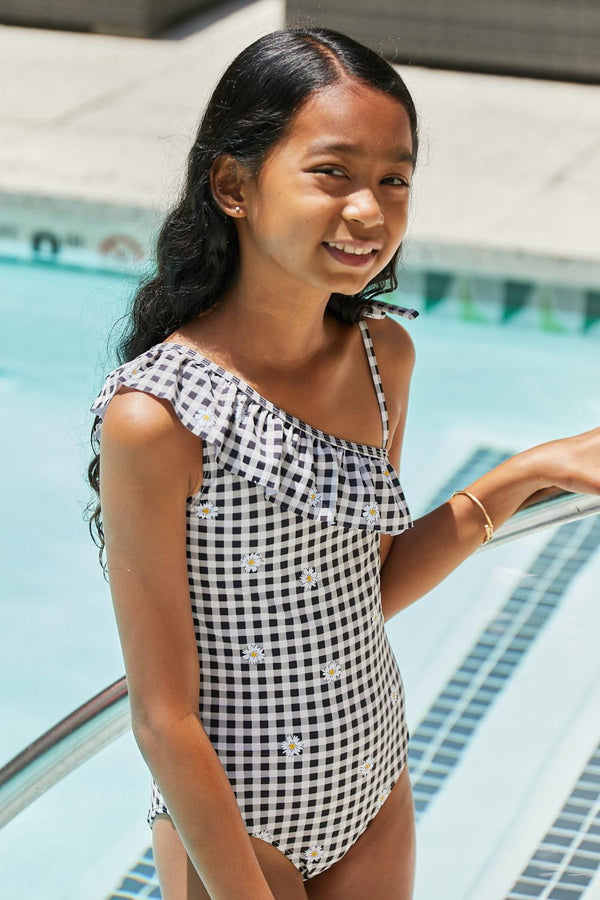 Marina West Swim Float On in Black Plaid Asymmetrical Neck One-Piece KIDS - Crazy Like a Daisy Boutique #