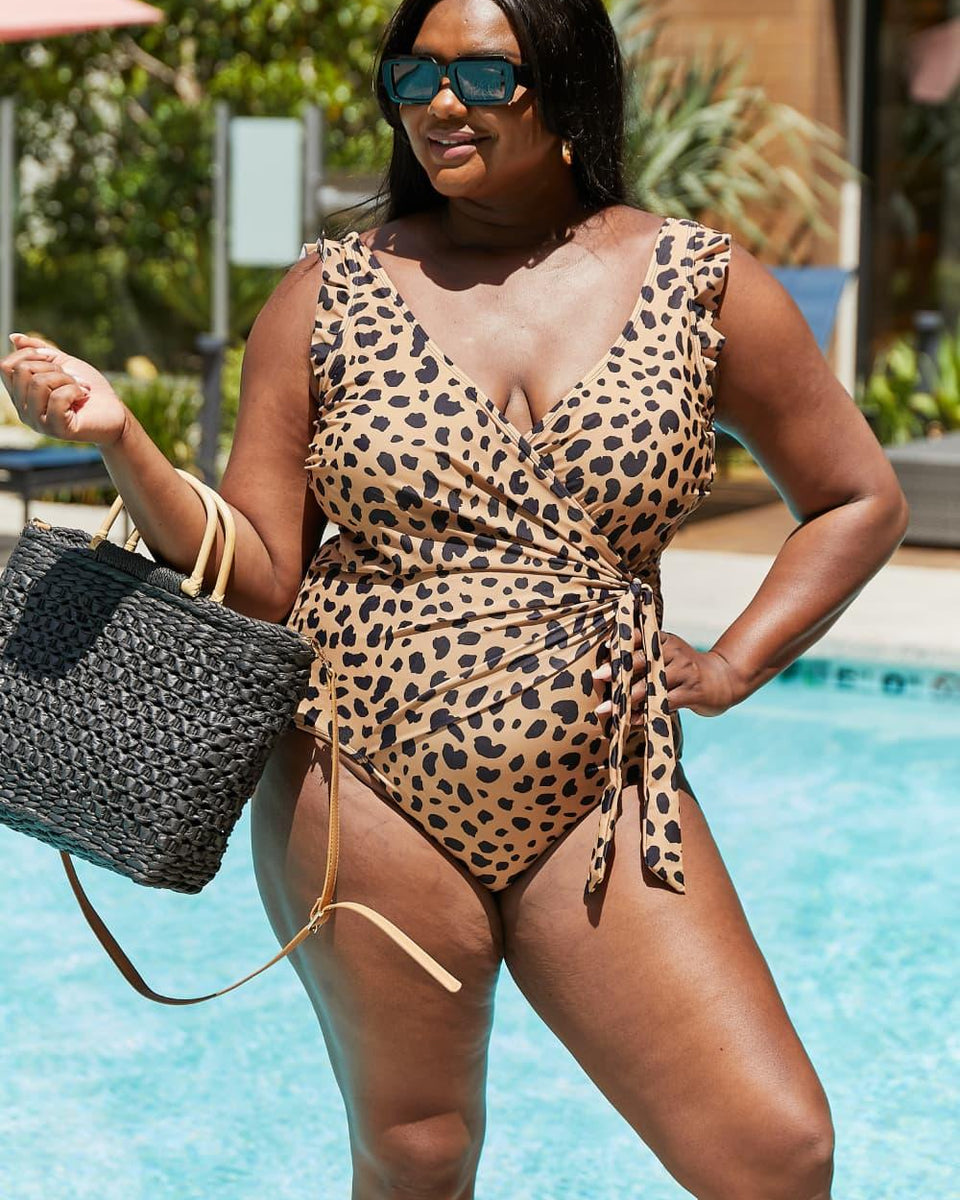 Marina West Swim Full Size Float On Ruffle Faux Wrap One-Piece in Leopard - Crazy Like a Daisy Boutique