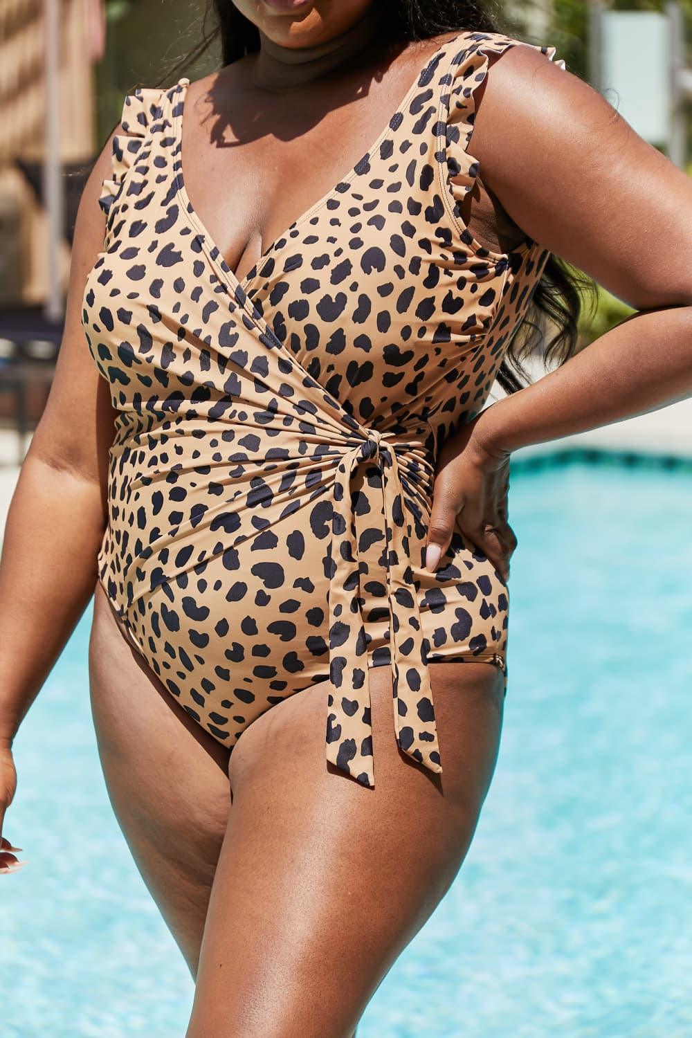 Marina West Swim Full Size Float On Ruffle Faux Wrap One-Piece in Leopard - Crazy Like a Daisy Boutique