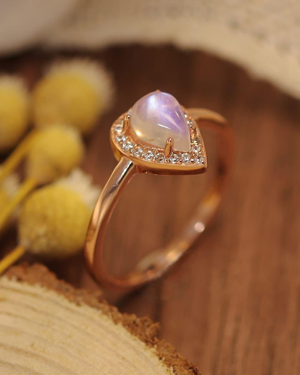 Moonstone Teardrop 925 Sterling Silver Halo Ring - Crazy Like a Daisy Boutique