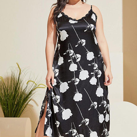 Plus Size Floral Lace Trim Side Slit Night Dress - Crazy Like a Daisy Boutique