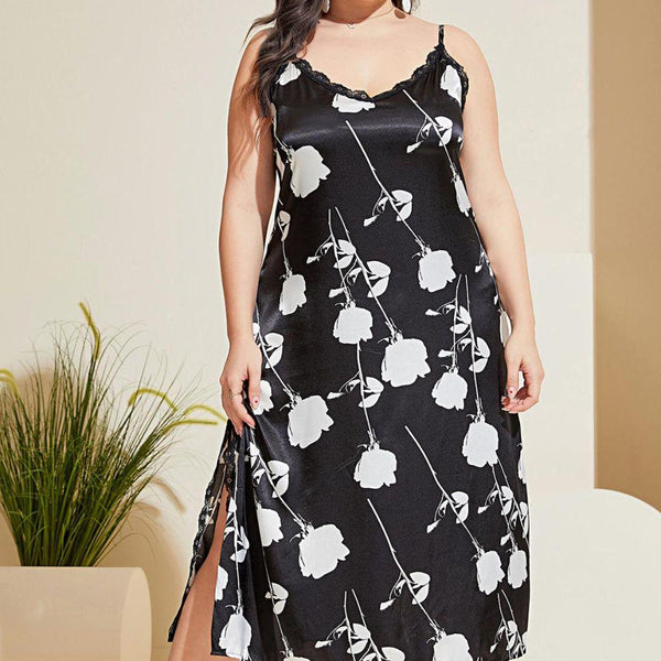 Plus Size Floral Lace Trim Side Slit Night Dress - Crazy Like a Daisy Boutique #