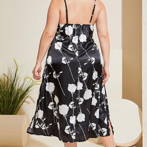 Plus Size Floral Lace Trim Side Slit Night Dress - Crazy Like a Daisy Boutique