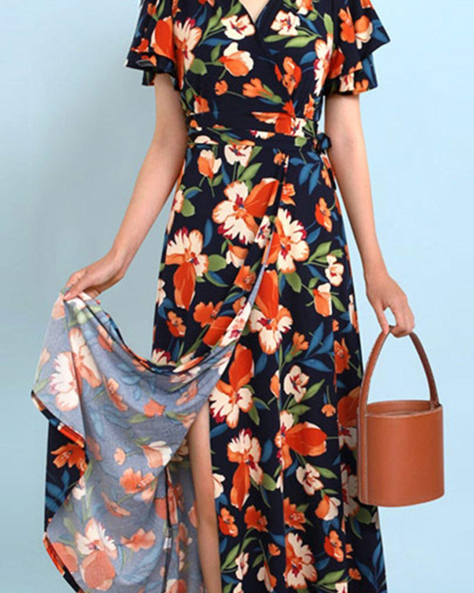 Plus Size Floral Surplice Neck Flutter Sleeve Dress - Crazy Like a Daisy Boutique