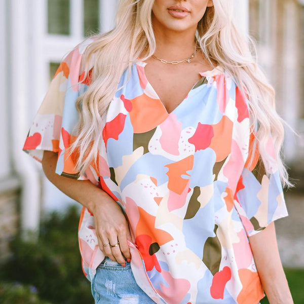 Printed Notched Neck Half Sleeve Blouse - Crazy Like a Daisy Boutique #