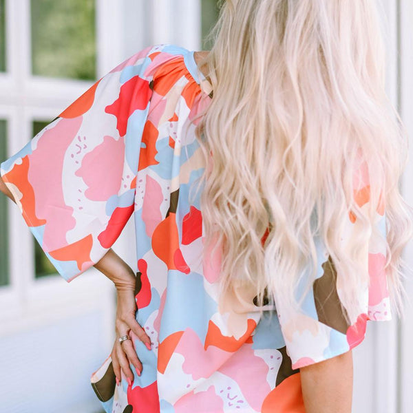 Printed Notched Neck Half Sleeve Blouse - Crazy Like a Daisy Boutique #