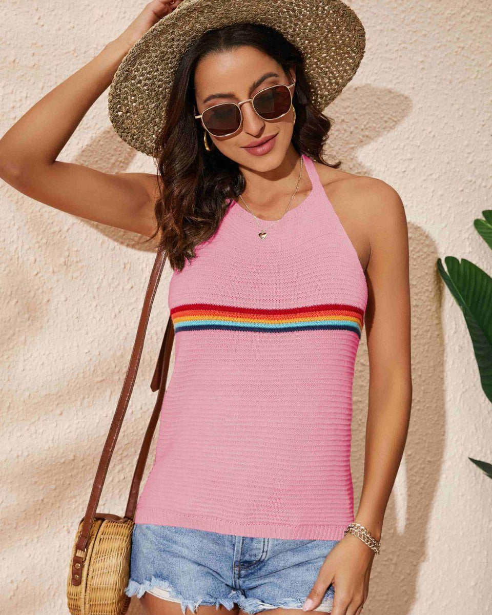 Rainbow Stripe Halter Neck Knit Tank - Crazy Like a Daisy Boutique
