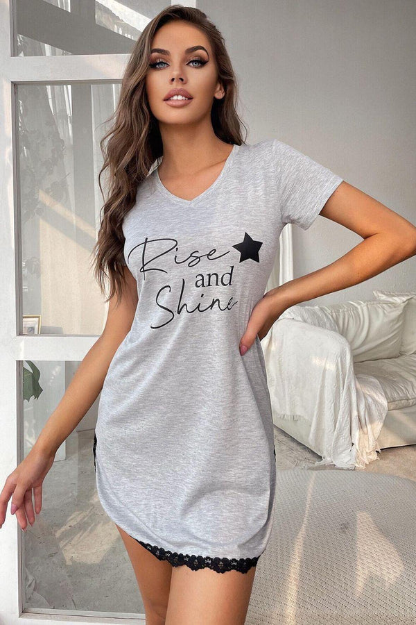 RISE AND SHINE Contrast Lace V-Neck T-Shirt Dress - Crazy Like a Daisy Boutique #
