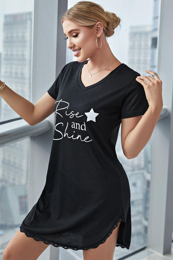 RISE AND SHINE Contrast Lace V-Neck T-Shirt Dress - Crazy Like a Daisy Boutique