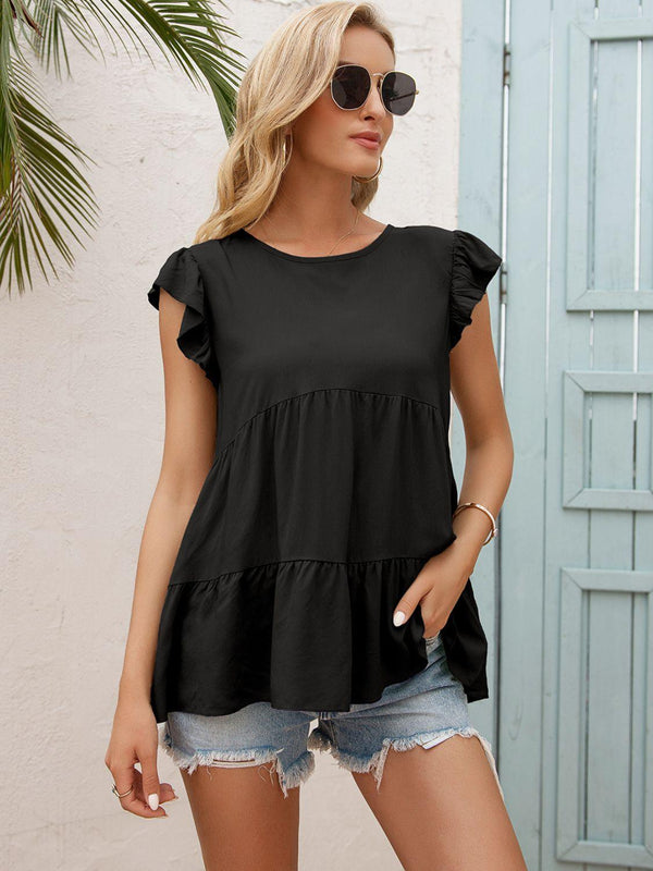Round Neck Flutter Sleeve Tiered Blouse - Crazy Like a Daisy Boutique